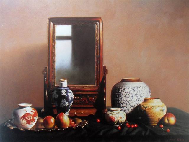 陶瓷罐子与镜子装饰油画