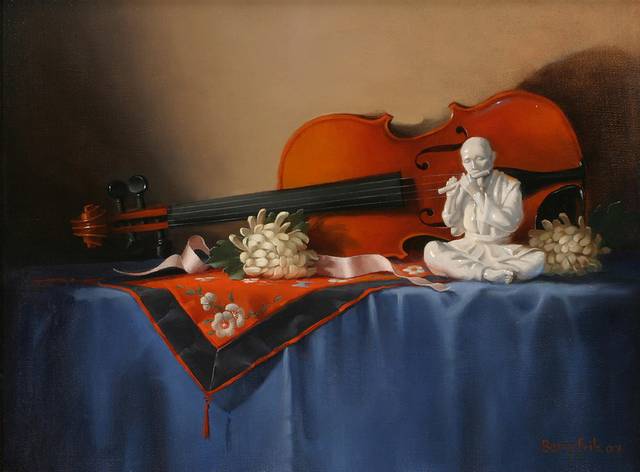 小提琴雕像与菊花油画装饰画