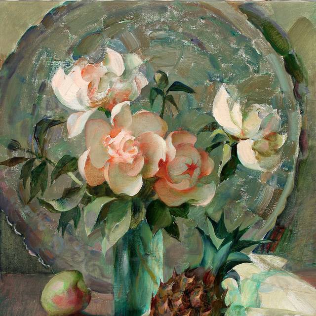 青苹果菠萝与花朵装饰油画
