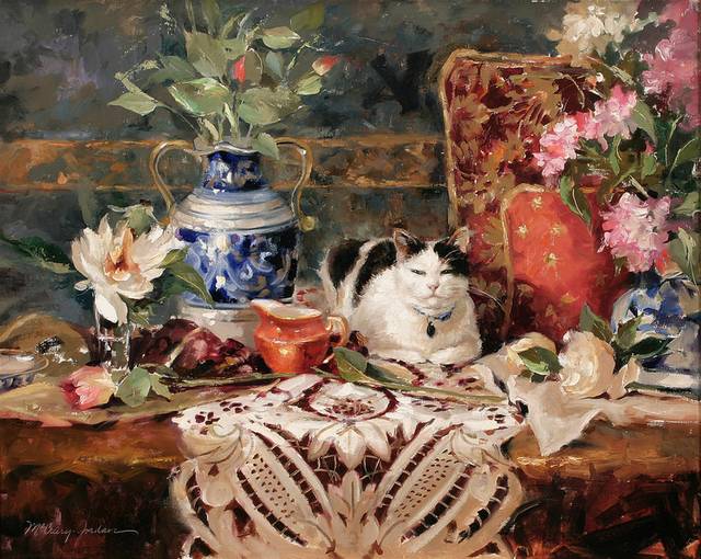 猫咪与花朵油画装饰画