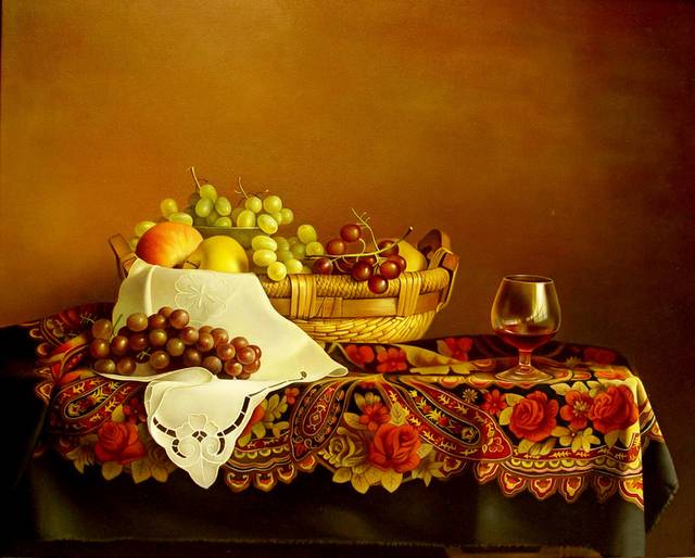 葡萄水果与杯子油画装饰画