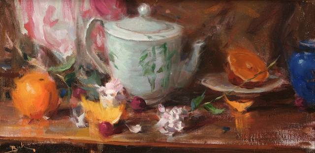 抽象茶壶与橙子油画装饰画