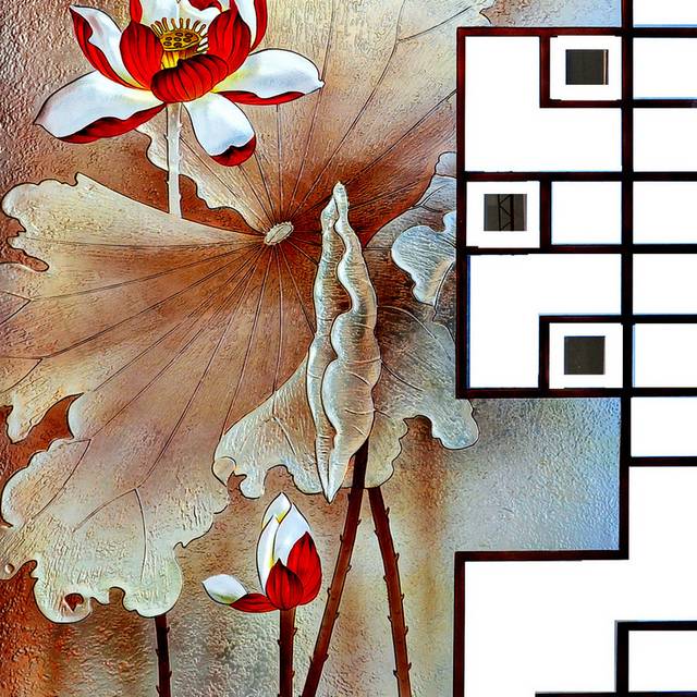 红荷花玄关画