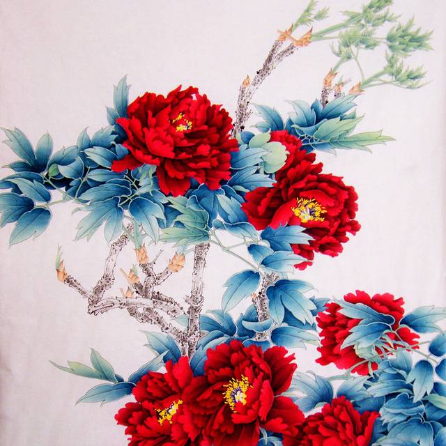 蓝叶红花彩色时尚装饰画