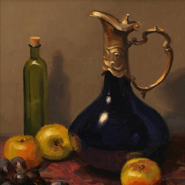 酒壶葡萄苹果油画装饰画