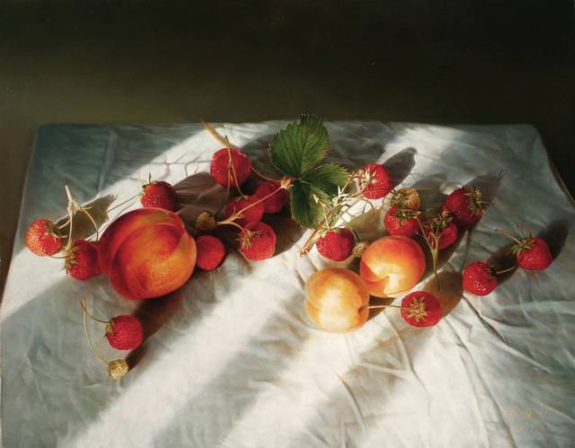 新鲜小草莓与桃子装饰油画