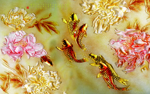 金色鱼儿花朵装饰画