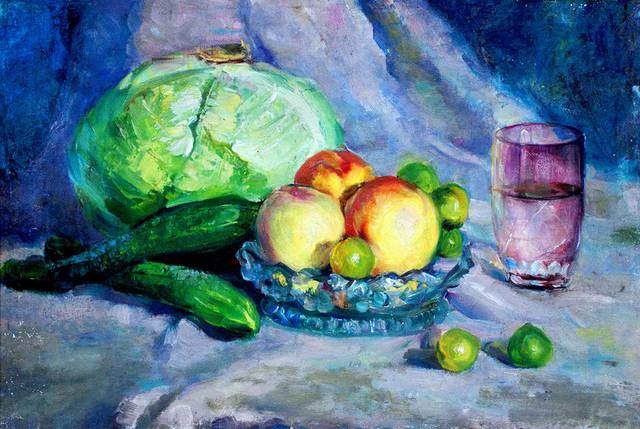包菜黄瓜与水果油画装饰画