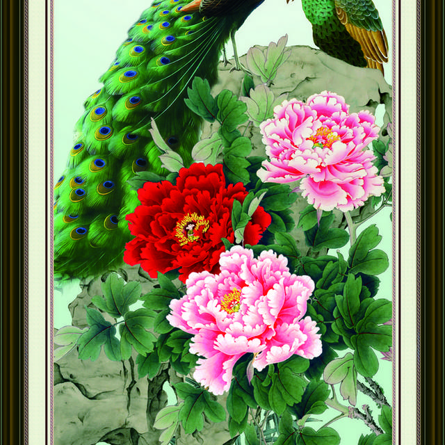 绿孔雀富贵牡丹玄关画