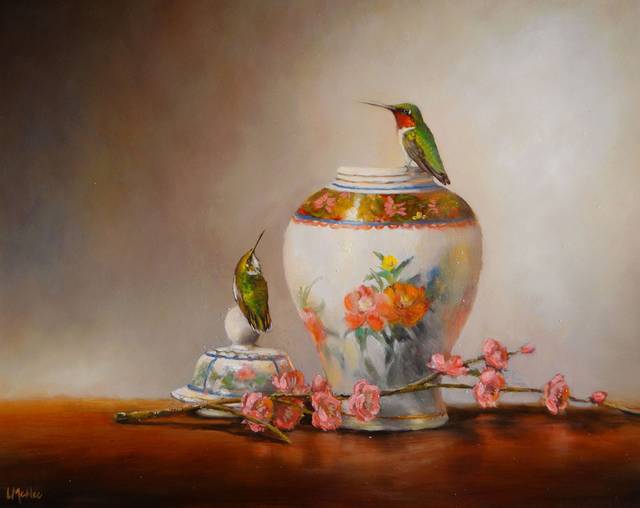 小鸟与陶罐装饰油画