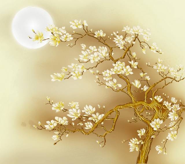 金色花朵圆月装饰画