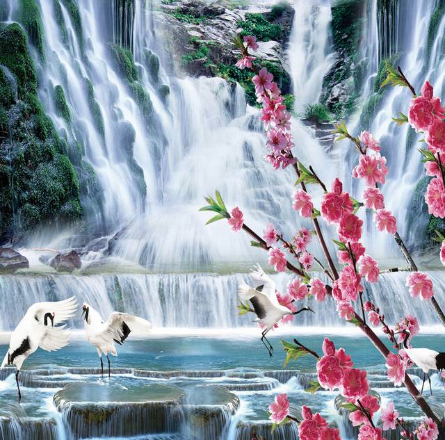 瀑布仙鹤玄关画_图品汇