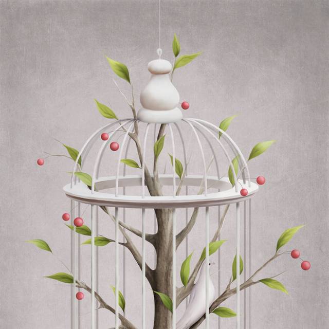 手绘鸟笼小树装饰画