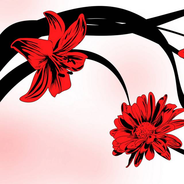 红底黑色线条红色花卉装饰画