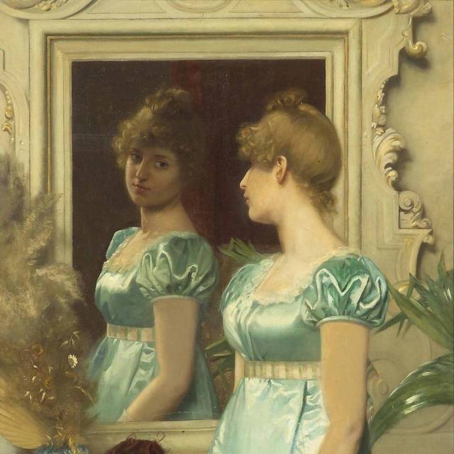 照镜子的蓝裙女孩宫廷油画装饰画