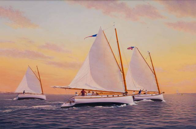 精美三艘帆船油画