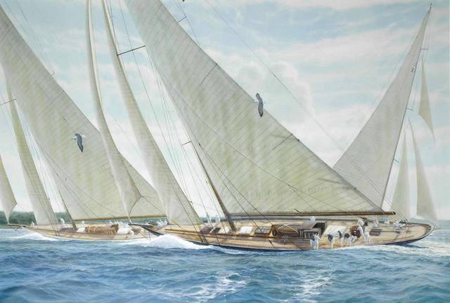 海上精美三角帆船油画