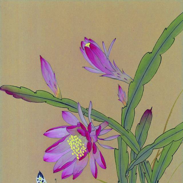 浅紫色花朵与蝴蝶工笔画