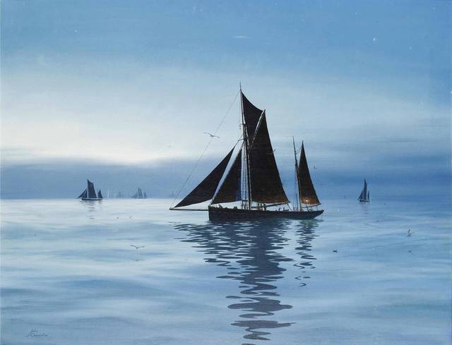 精美黑色三角帆船油画