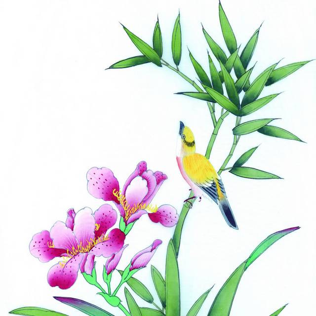 黄鸟与粉花工笔画素材