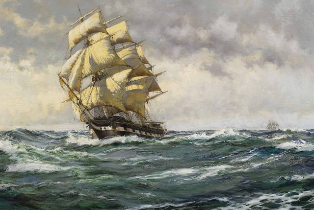黄帆帆船油画