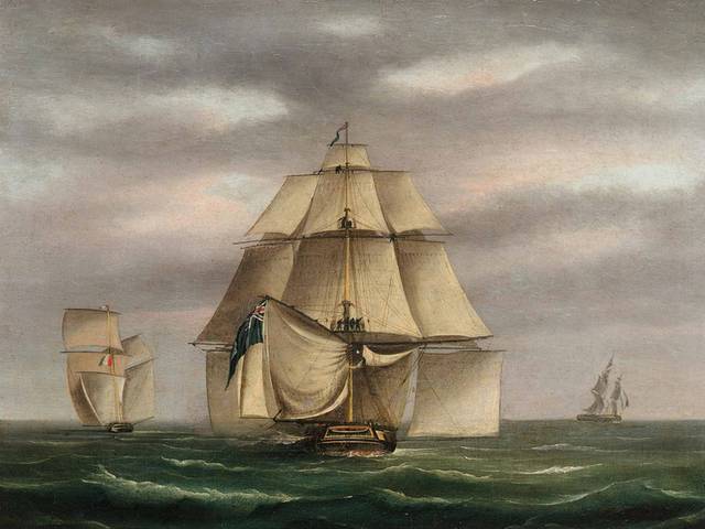 三艘精美帆船油画
