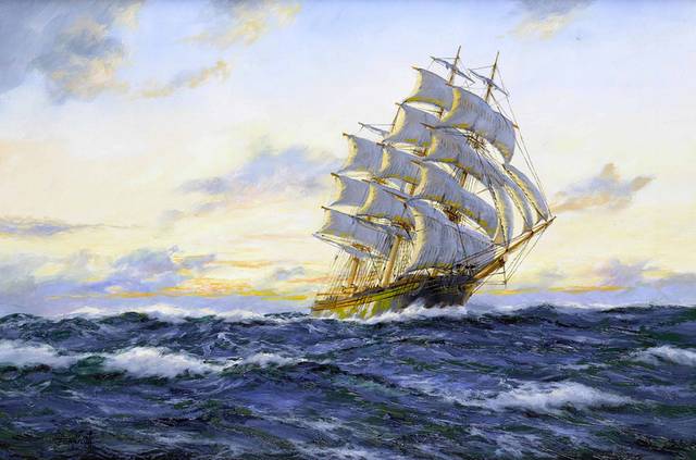 美丽海上帆船素材油画