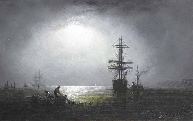 夜里帆船油画