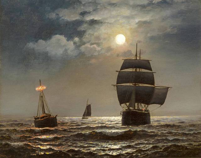 帆船夜景油画