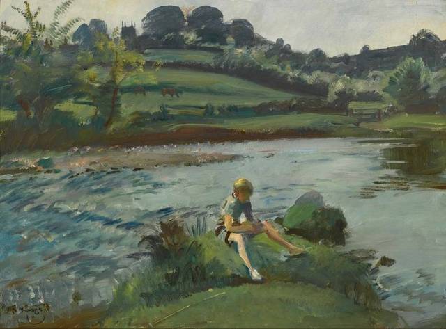 坐在田园小溪边的孩子油画装饰画
