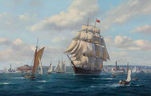 航海帆船油画