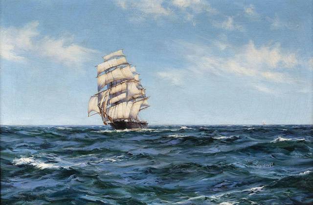 海洋帆船油画