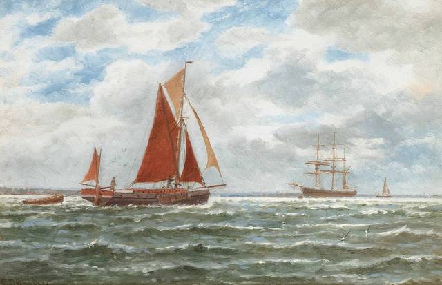 橙色帆船油画