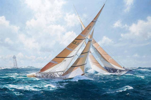精美两艘三角帆船油画