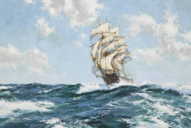 海浪上的大帆船油画1