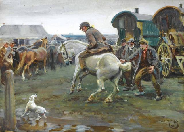 骑马的人与狗油画装饰画