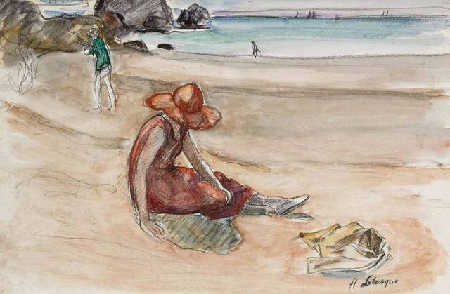 坐在海滩的人印象派油画装饰挂画