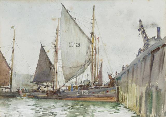 岸边帆船油画