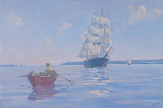 平静海面帆船油画