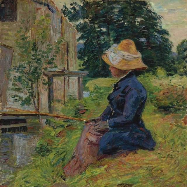 坐在河边的女人印象派油画装饰挂画