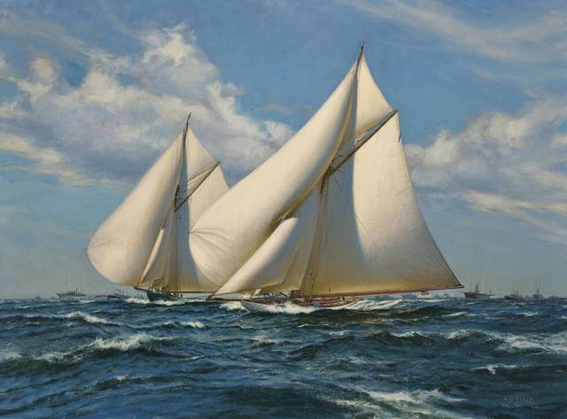 海面三角帆船油画