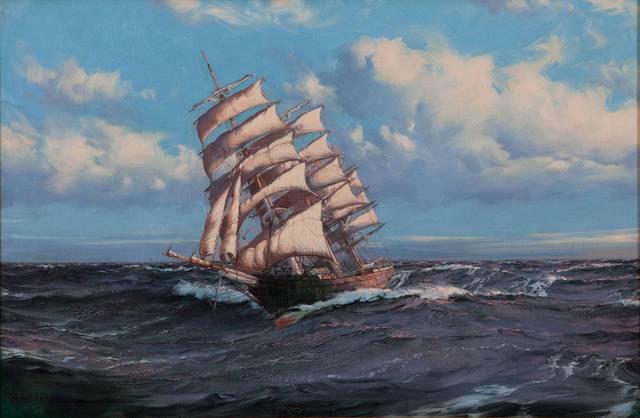 风暴帆船油画2