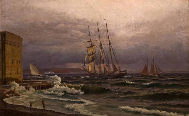 海边帆船油画