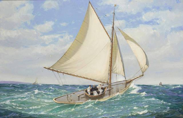 一艘三人小帆船油画
