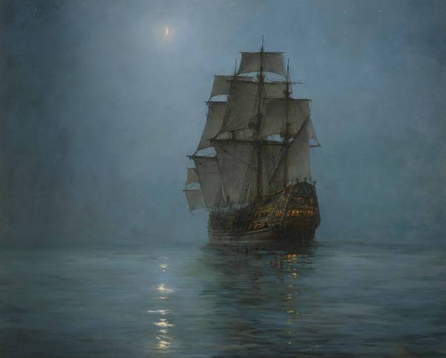 夜里一艘大帆船油画