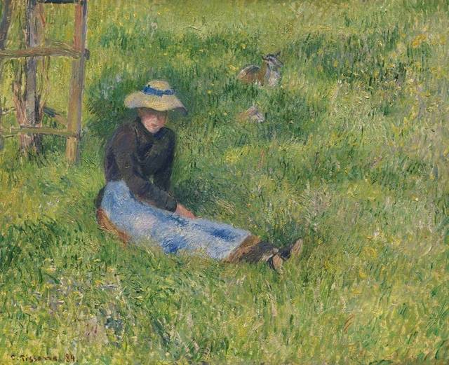 坐在草地上的女人油画装饰画
