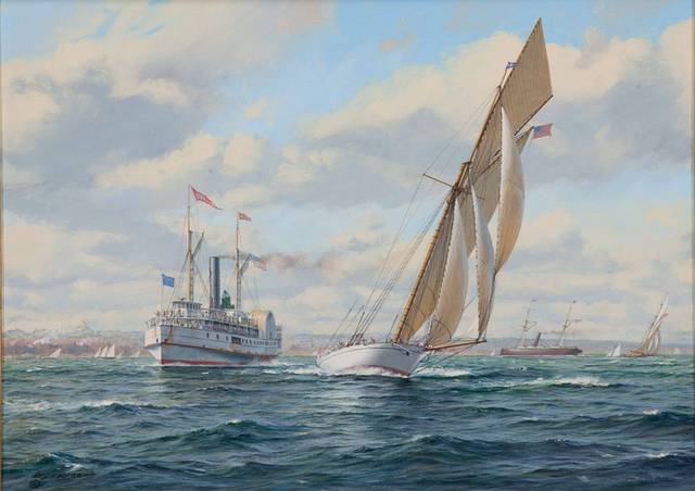游轮帆船油画