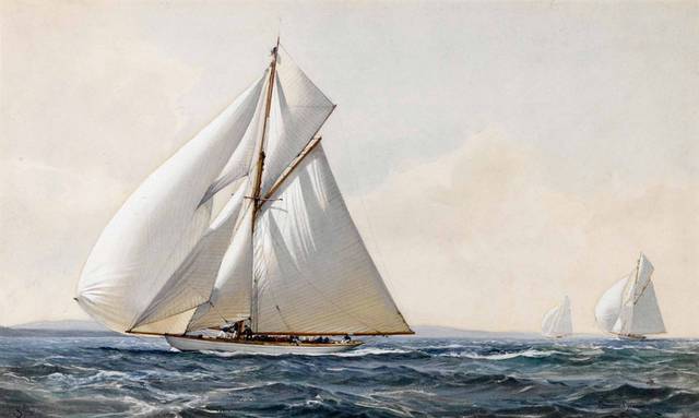 白色三角帆船油画2