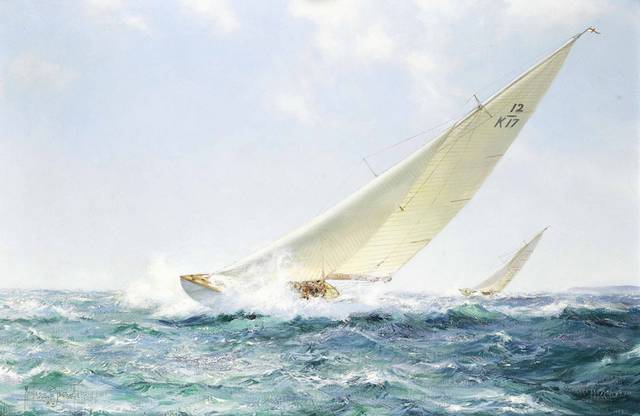 海上三角帆船油画2