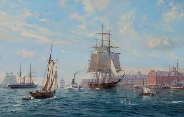 城镇帆船油画